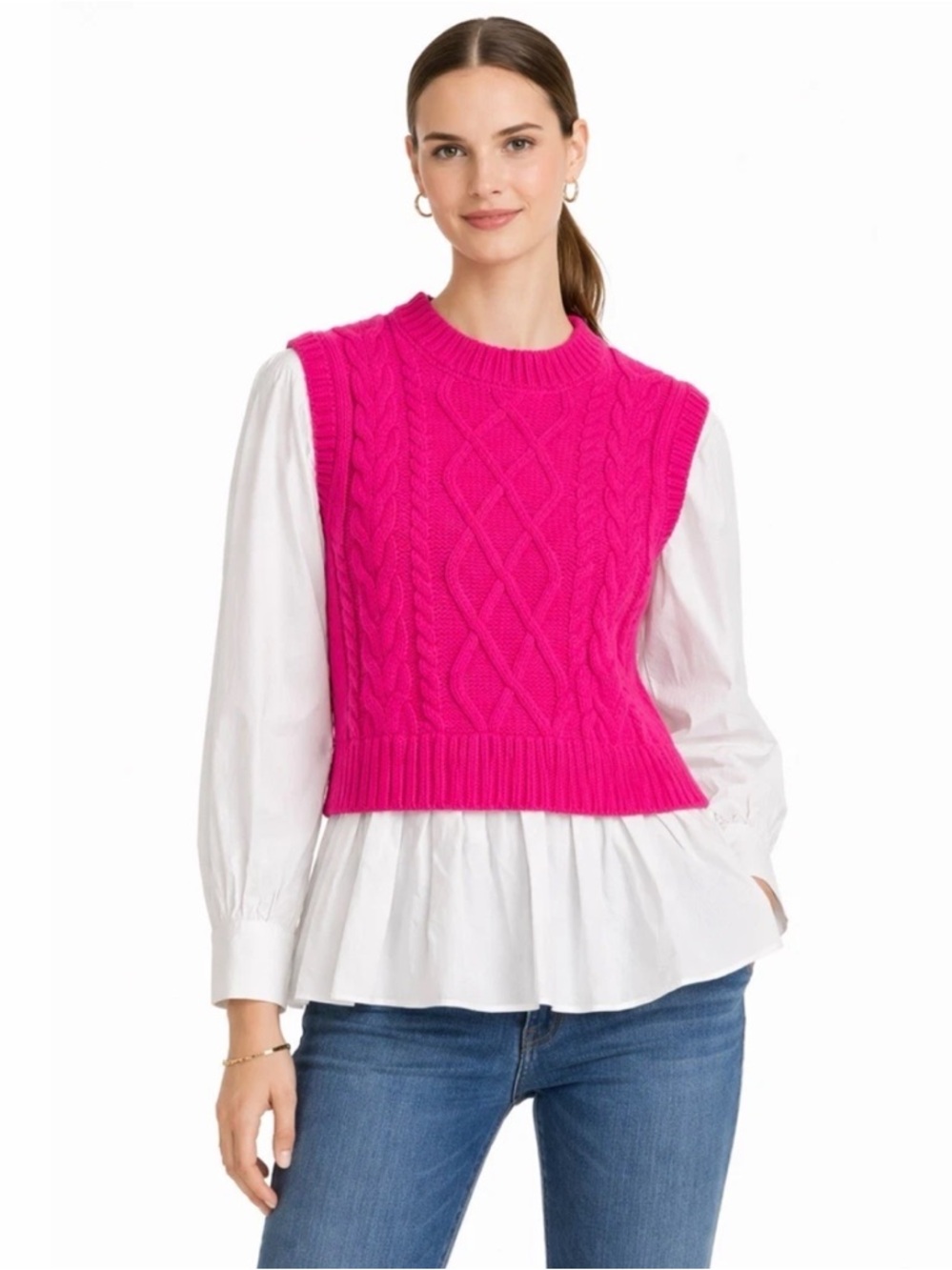 NWT English Factory Peplum Cable Knit Layered Pink‎ Sweater White Shirt